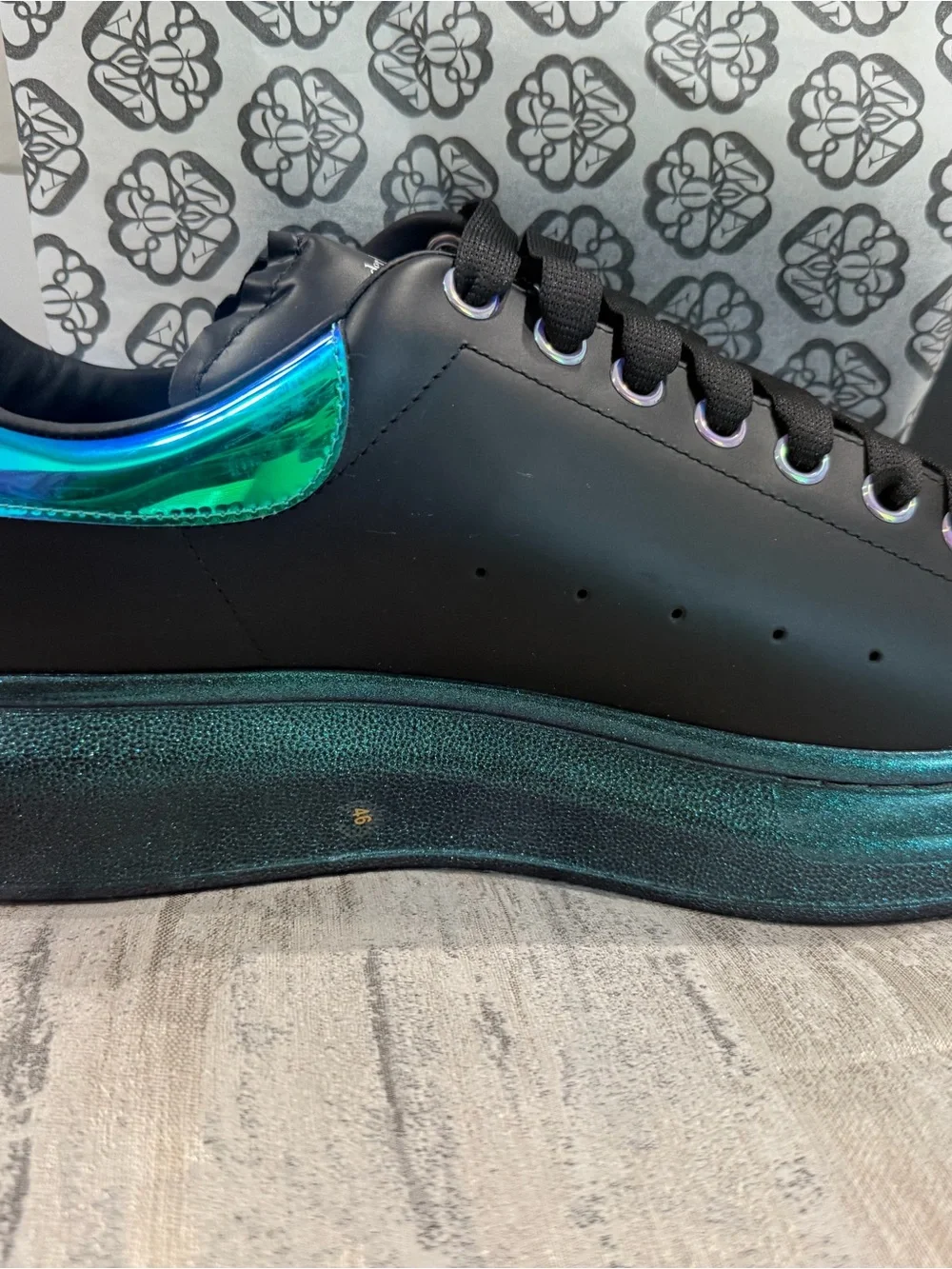 Alexander McQueen Black Sneakers with Iridescent Blue-Green Heel
